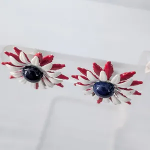 Vintage Clip On Earrings Red, White, Blue Statement Flower thumbnail 4