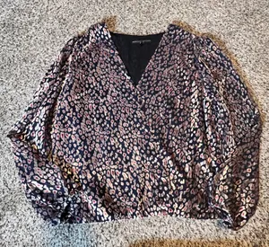 White House Black Market Leopard Velvet Burnout Wrap Blouse Metallic‎ Pink Large thumbnail 1