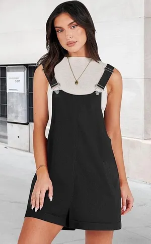 Fashion Black Cotton Linen Blend Pockets Adjustable Shorts Overalls Romper S thumbnail 1