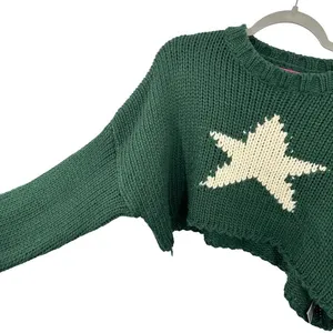 Edikted Green Star Cropped Chunky Knit Sweater Crew Neck Long Sleeve Pullover‎ thumbnail 2