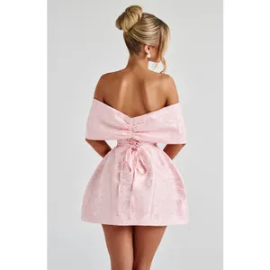 NWT Babyboo Raquel Blush Floral Jacquard Bow Off-The-Shoulder Mini Dress Size M thumbnail 3