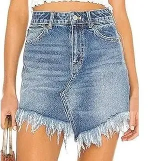 Free People We The Free Bailey Denim Mini Skirt Blue Fray Asymmetric Hem 26 NWT thumbnail 1