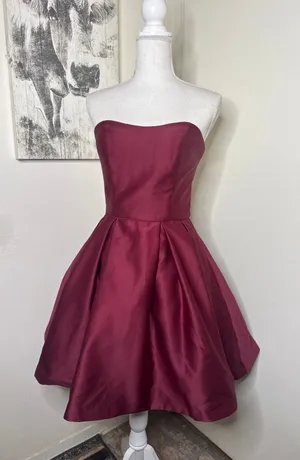 Betsy & Adam Satin Strapless Pleated Fit & Flare Cocktail Mini Dress Berry 6 thumbnail 1