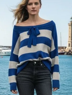 Free People Sweater Oversized Nautical Blue Beige Stripe SZ Sm Office Relaxed thumbnail 1