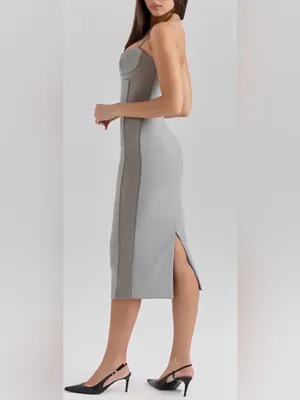 NEW House of CB KIKI Light Grey Mesh Panelled Bodycon Midi Dress sz XS thumbnail 3