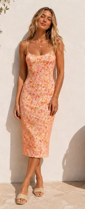Rhythm Women’s Floral Slip Dress Pink Orange Retro Floral Midi Rayon Boho Size S thumbnail 1