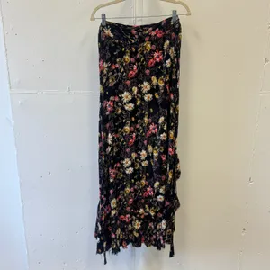 Blue Life Floral Maxi Beach Skirt Black Ruffle High Low Boho Wildflower Rayon Sm thumbnail 4