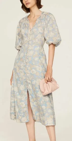Rebecca Taylor Short‎ Sleeve Satin Leaf Floral 100% Cotton Maxi Dress Size 8 thumbnail 1
