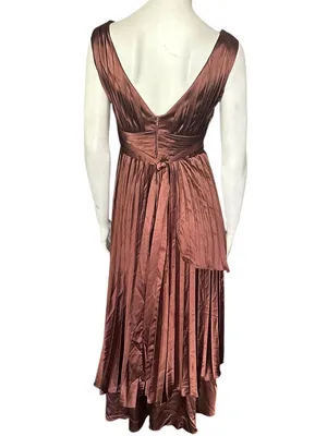 Elegant V-Neck Pleated Sleeveless Handkerchief Hem Chocolate Brown 2 NWOT thumbnail 4