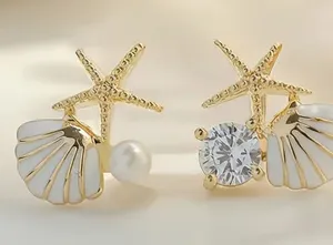 Gold Starfish & Shell Stud Earrings with White Enamel and Pearl Accent thumbnail 1