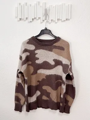Amazon Brown Neutral Camo Print Crewneck Pullover Knit Sweater thumbnail 2