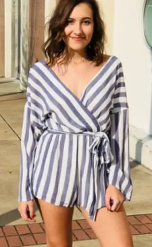 The Impeccable Pig Blue White Striped Romper Women’s Medium thumbnail 1