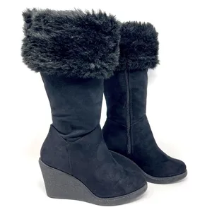 Canyon River Blues Harper Black Rainbow Knit Faux Fur Trim Tall Wedge Boots 8 thumbnail 4