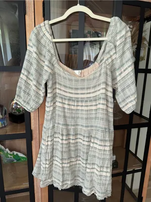 Anthropologie babydoll mini dress puff sleeve square neck sage striped textured thumbnail 8
