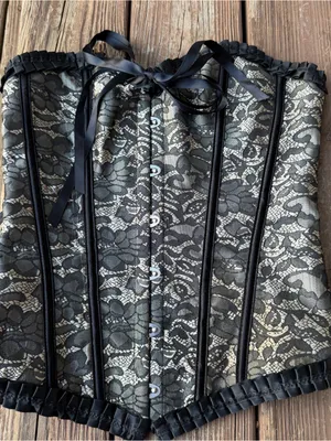 Black Lace Overbust Corset with Cream Underlay thumbnail 1
