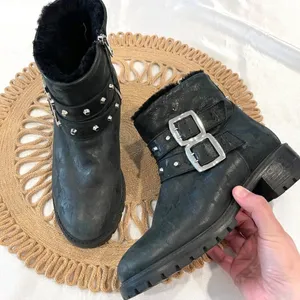 ROSS & SNOW Stefana Black Camo Leather Moto Boot Shearling Italy US 7 Moto Chic thumbnail 2