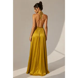 LoveShackFancy Golden Satin Plunge V-Neck Braided Halter Open Back Maxi Dress thumbnail 4