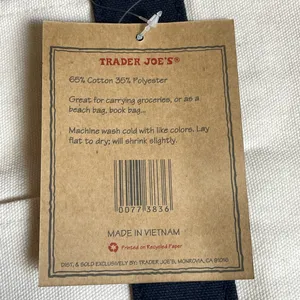 Trader Joe’s Reusable Canvas Tote Bag Navy & Cream Embroidered Logo NWT thumbnail 3