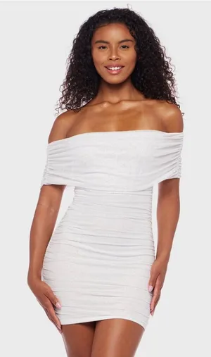NWT B. Darlin Junior’s Off-Shoulder Glitter White Mesh Ruched Bodycon Dress thumbnail 1