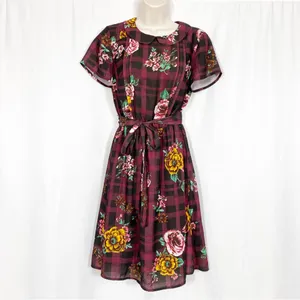 ModCloth Burgundy Floral Buffalo Check Joyfully Poised Collared A-Line Dress thumbnail 3