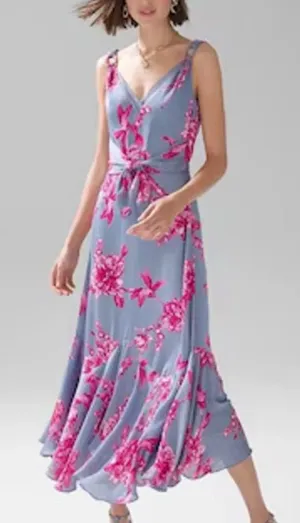 White House Black Market Dusty Blue Maxi Dress with Pink Floral Print thumbnail 1