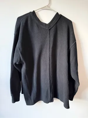 Aerie Waffle Knit Black V-Neck Ribbed Sweater Sweatshirt Black Size M Oversize thumbnail 7