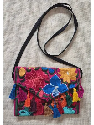 NWOT Mexican Embroidered Crossbody Envelope Purse Multicolor Floral Tassels thumbnail 7