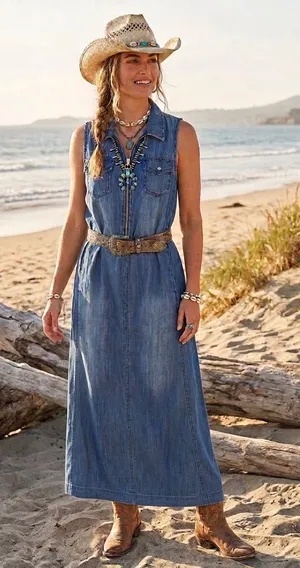 INC International Concepts denim costal cowgirl high-low boho dress 10 thumbnail 1