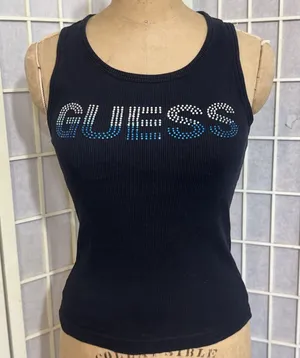 Vintage Y2K Guess Embellished Rhinestone Logo‎ Ribbed Tank Top Pink Size M thumbnail 1