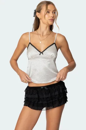 Edikted Polka Dot Satin Effect Lace Trim Top Cream thumbnail 1