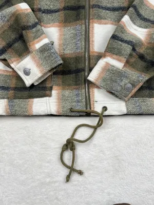 Staccato Plaid Cropped Zip Jacket Womens M Green Cream Drawstring EUC thumbnail 2