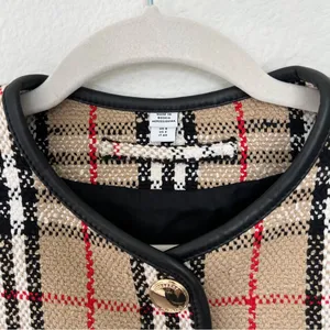 NWOT Burberry Beige Vintage Check Plaid Collarless Jacket Blazer in Tan Plaid thumbnail 7