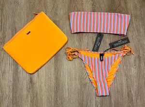 Triangl Swimwear Multicolor Striped Bandeau Bikini with Orange Trim thumbnail 1
