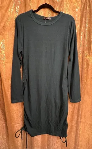 BTFBM Dark Emerald Green Ribbed Long Sleeve Bodycon Side Tie Mini Dress XL thumbnail 1