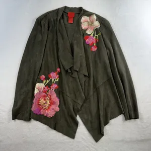 V Christina M Medium Cardigan Jacket Faux Suede Moss Green Floral‎ Embroidered thumbnail 3