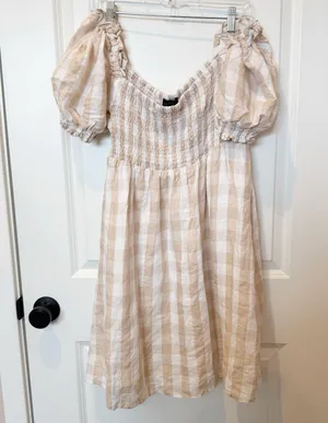 House Of Harlow Linen Gingham Smocked Milkmaid Dress XL Cottagecore Boho Prairie thumbnail 1