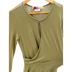 Free People FP Beach Vance Mini Dress S Green Wrap Keyhole Knit Long Sleeve thumbnail 4