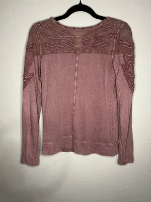 Free‎ People Embellished Embroidered Sheer Lace Boho Mauve Long Sleeve Top thumbnail 9