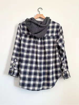 American Eagle Plaid Button Down With Hood Blue Size Small thumbnail 7