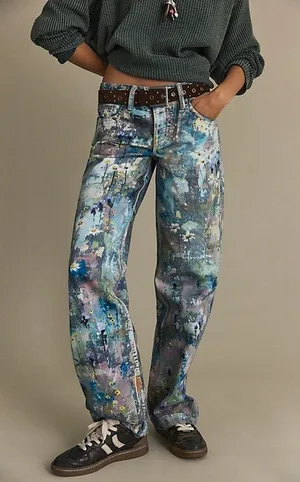 Free People Tennessee Low Rise Illusion Jeans Floral Canvas Paint Splatter thumbnail 1