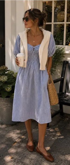 Blue and White Striped Puff-Sleeve Midi Dress thumbnail 1