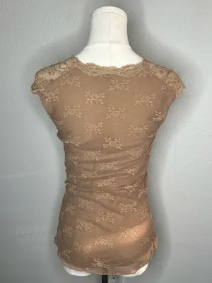 Y2K Ann Ferriday Tan Floral Mesh Lace Surplice Sleeveless Fairycore Blouse thumbnail 2