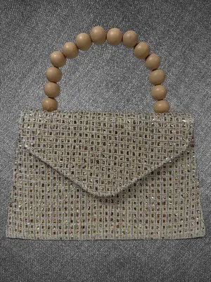 Metallic Gold Woven Envelope Handbag With Wooden Bead Handle And Chain Strap thumbnail 3