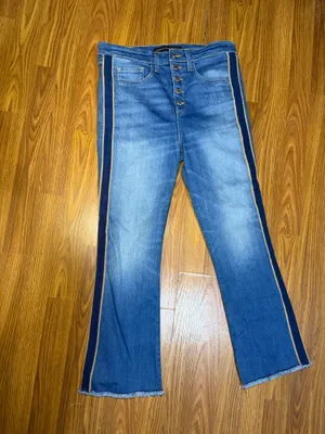 NWOT Veronica Beard Carolyn 10" baby boot high-rise jeans blue & gold tuxedo stripes size 28 thumbnail 3