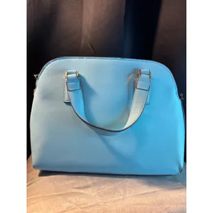 Blue Saffiano Dome Satchel Bag with Gold Heart Detail and Striped Lining thumbnail 10