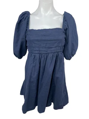 Abercrombie & Fitch Blue Short Puff Sleeve Square Neck Mini A-Line Dress Size MP thumbnail 1