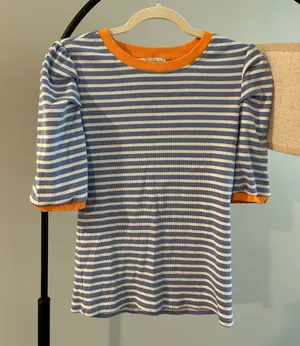 Rebecca Minkoff Blue & White Striped Tee with Orange Neck and Sleeve Trim thumbnail 1