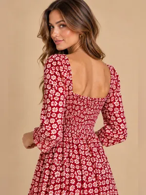 Reformation Red Ivory Floral Square Neck 3/4 Sleeve Midi Dress Size 0 Boho Style thumbnail 6