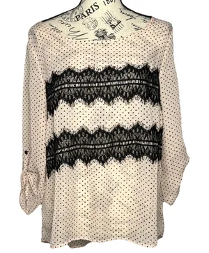 Maurices (M) Peach Polka Dot Lace Fringe Detail Roll Tab Semi-Sheer Blouse thumbnail 1