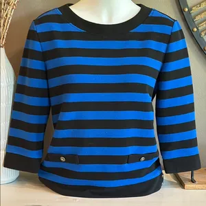KARL LAGERFELD Vintage Blue & Black Stripe Knit Top Small Designer Grandmacore thumbnail 1
